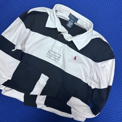 POLO Ralph Lauren Boys Classic Rugby Shirt L 14-16 Blue White Preppy Long Sleeve