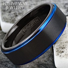 6/8mm Tungsten Carbide Men's Ring Black  Blue Brushed Wedding Band Jewelry