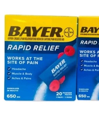 2 boxes Bayer Rapid Relief 650mg Powder Packs Raspberry 40 count  Total Exp 4/27