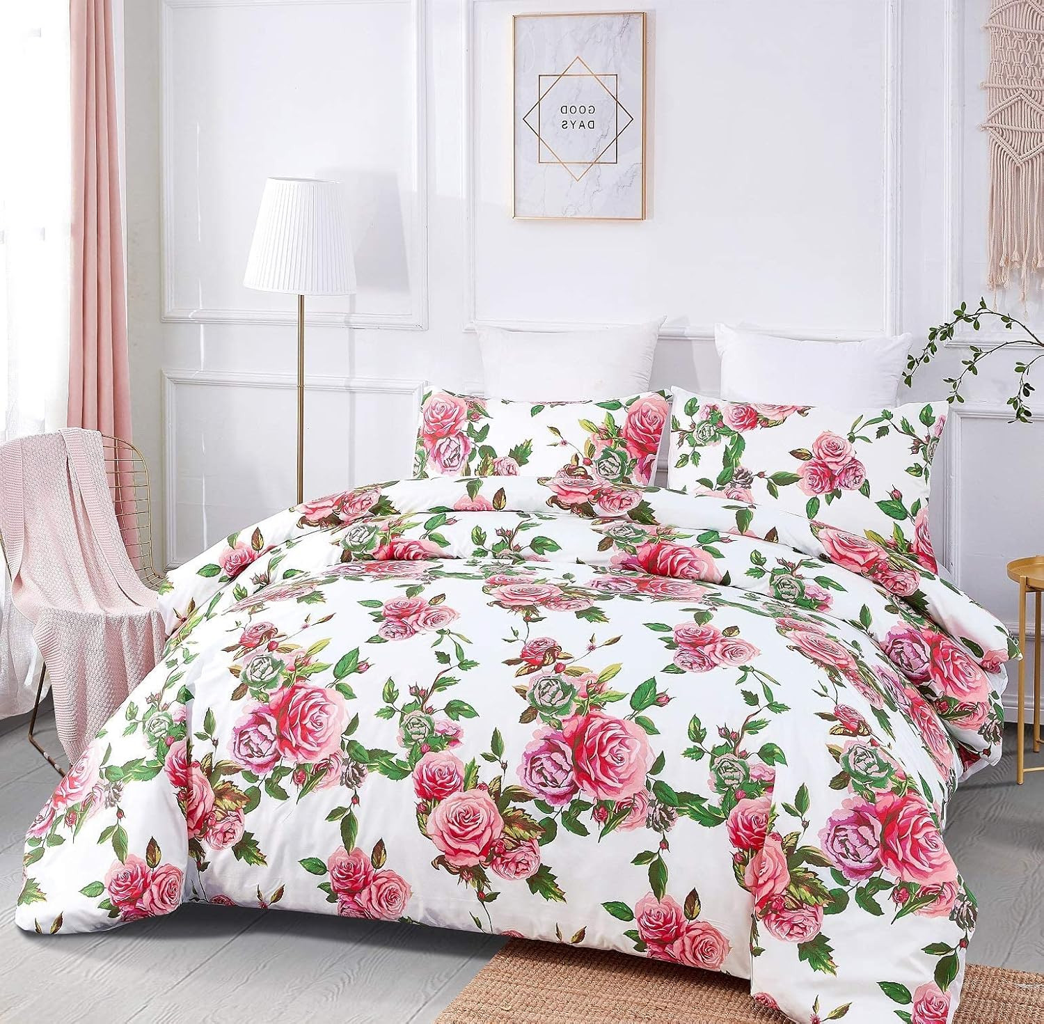 Romantic Roses Floral Duvet Cover Set - Lovely Spring Garden Pink W/Pillow Cases