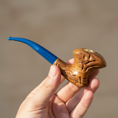 Original Thinker Series Smoking Pipe: Hand-Carved Wood & Natural Horn Stem