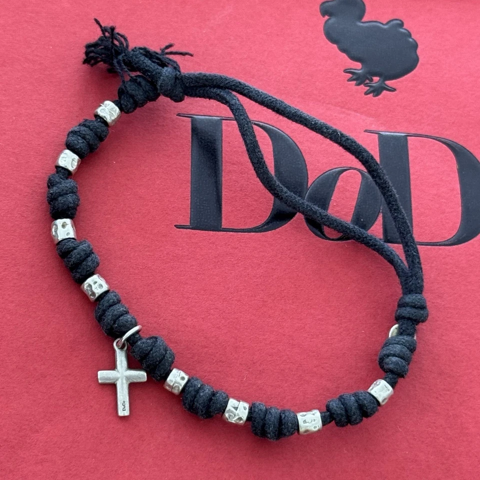 Bracciale Croce Dodo Pomellato Argento Granelli Cordino Nero Porta Fortuna Fede - Immagine 2 di 3