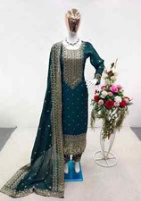 Classic Look Chinnon Silk Green Salwar Kameez And Dupatta For Women  Girls