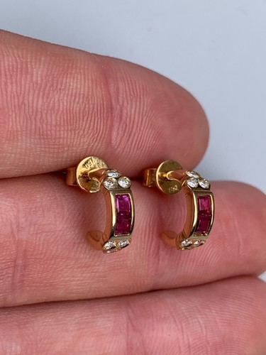 18ct gold diamond pink sapphire hoop earrings - Picture 2 of 7