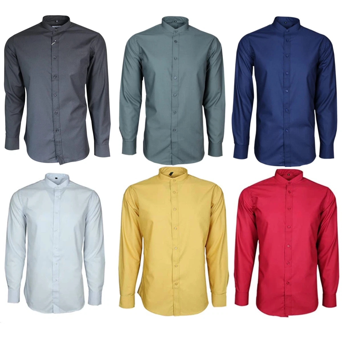 Mens Collarless Grandad Long Sleeve Formal Casual Wedding Shirt 501