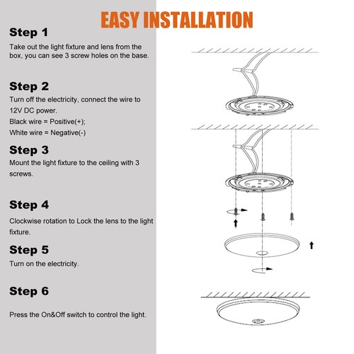 Facon 3.5'' 4.5'' 12 volt RV Interior Led ceiling lights w/Switch Camper Trailer - Zdjęcie 8 z 23