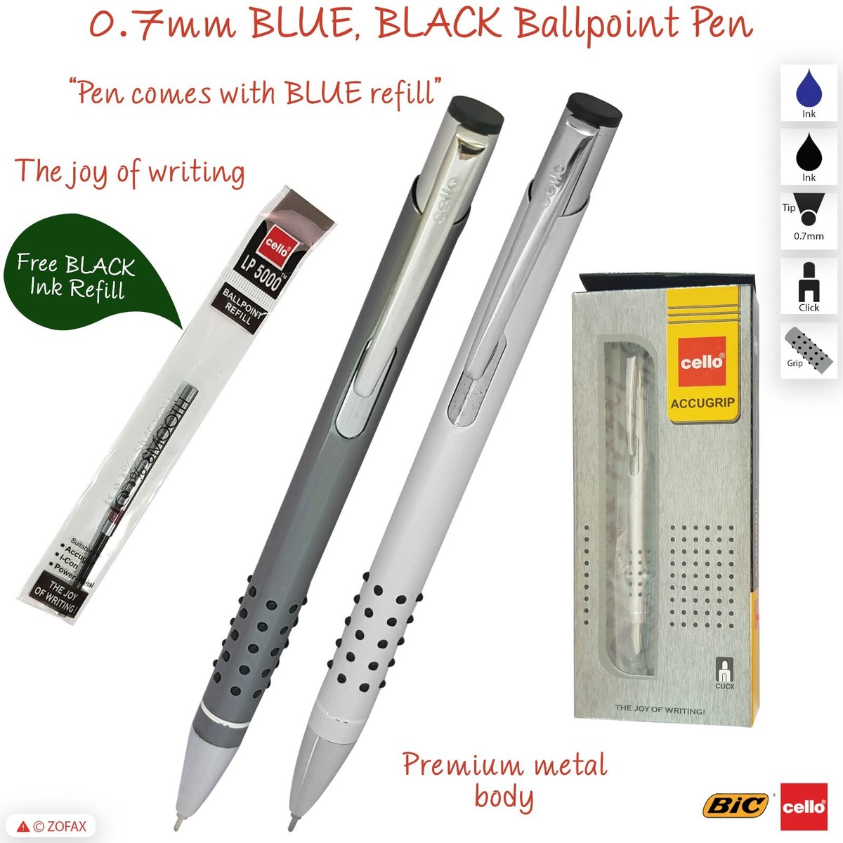 Tip BIC CELLO Accugrip BLACK BLUE Retractable Ballpoint Pen Metal Body