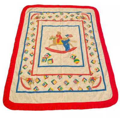 Vintage Baby Toddler Comforter Blanket Nursery Alphabet Blocks Ruffle Boy Girl