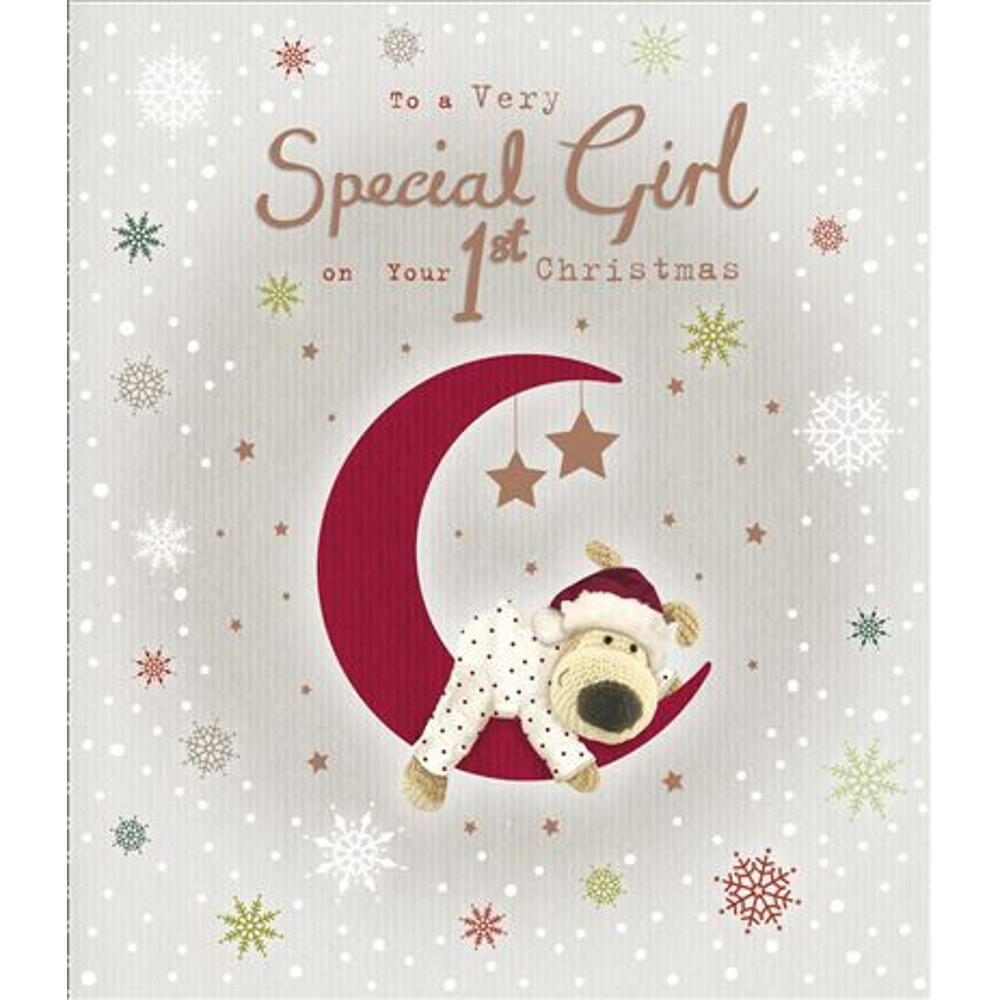 Boofle Laying on Moon Baby Girl 1st Christmas Card