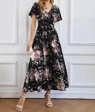 Short Sleeve Floral Wrap Maxi Dresses V Neck High Waist Flowy Belt A-line