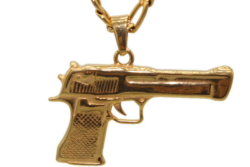 Pistola Arma Medalla con Cadena Oro Chapado Acero Inoxidable Dije
