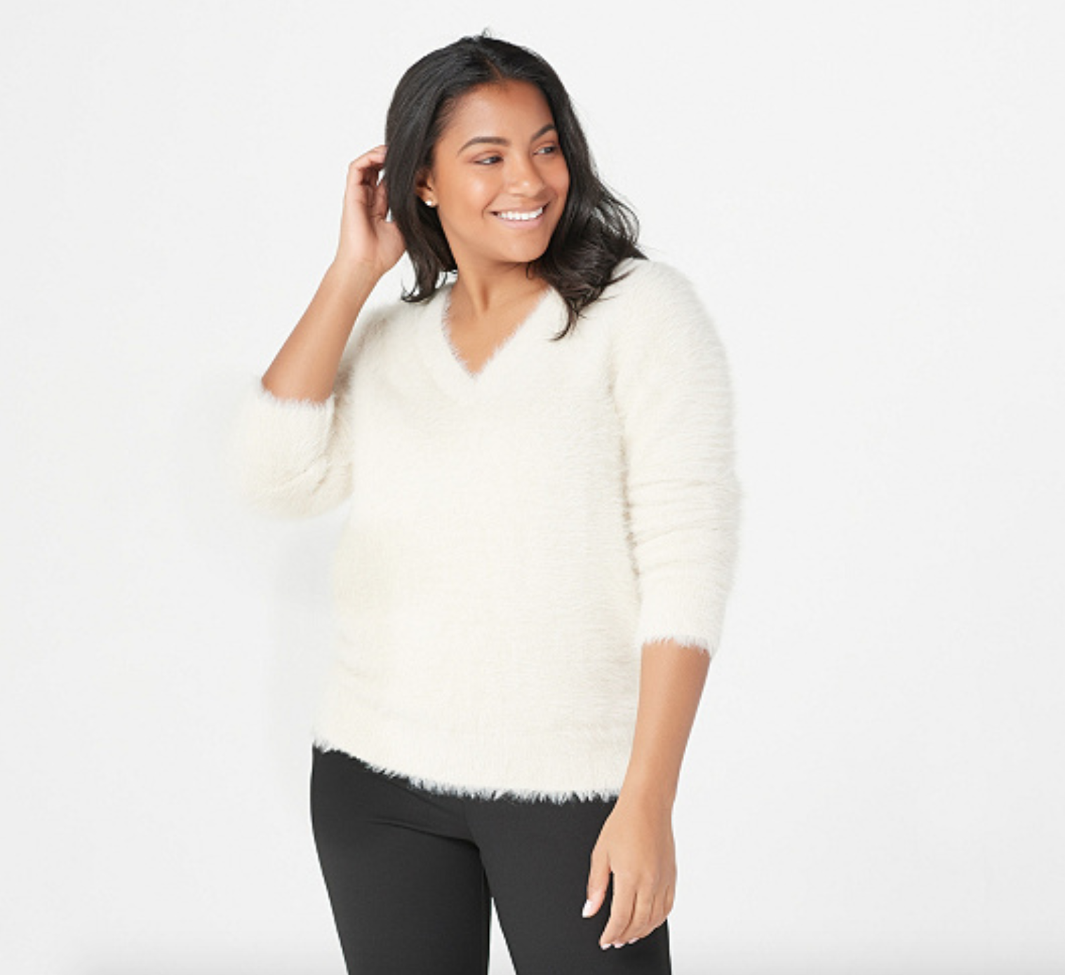 V-Neck Pullover Eyelash Sweater (White 