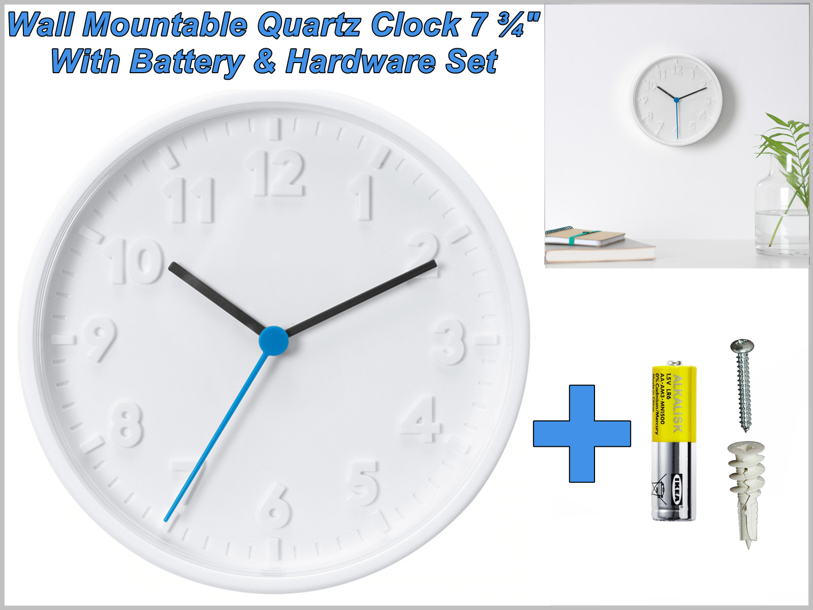 White Color Modern Wall Mountable Quartz Clock 7 ¾" with Battery & Hardware-Set