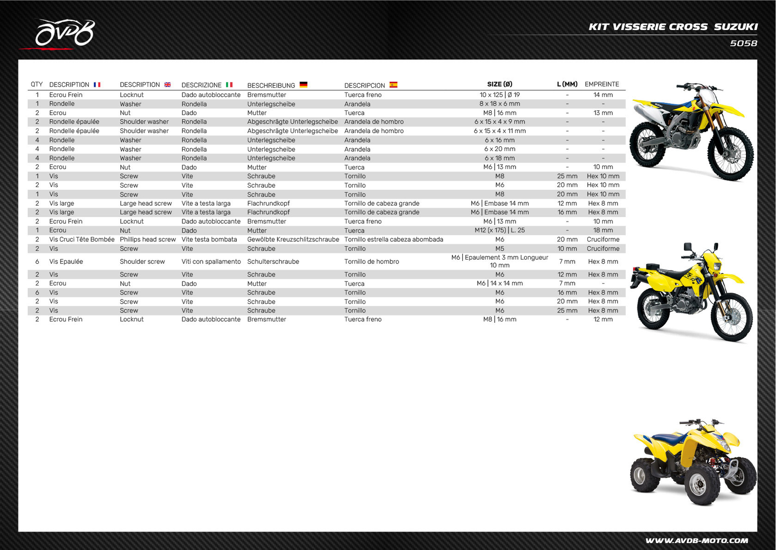 Kit de visserie pour SUZUKI RM 125 1989 - 59 vis de réparation moto
