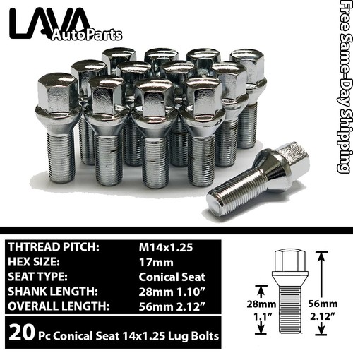 20 PCS Chrome Lug Bolts M14x1.25 Conical Seat 28mm Shank - Fit BMW, MINI, Toyota Supra