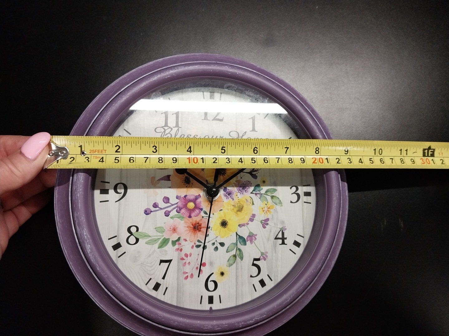 Kitchen Decorative Wall Clock, 9.5" SPRING FLOWERS, Purple frame. 