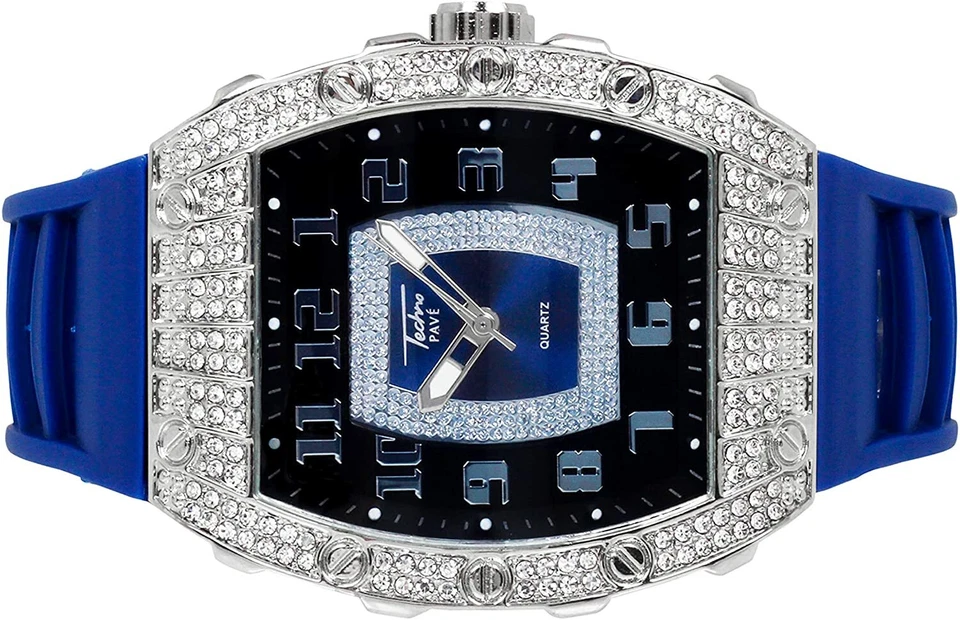 Reloj Hombre Helado Bling Rapero Simular Laboratorio Diamante Goma Lujo Rectángulo Plateado Foto 2 de 4