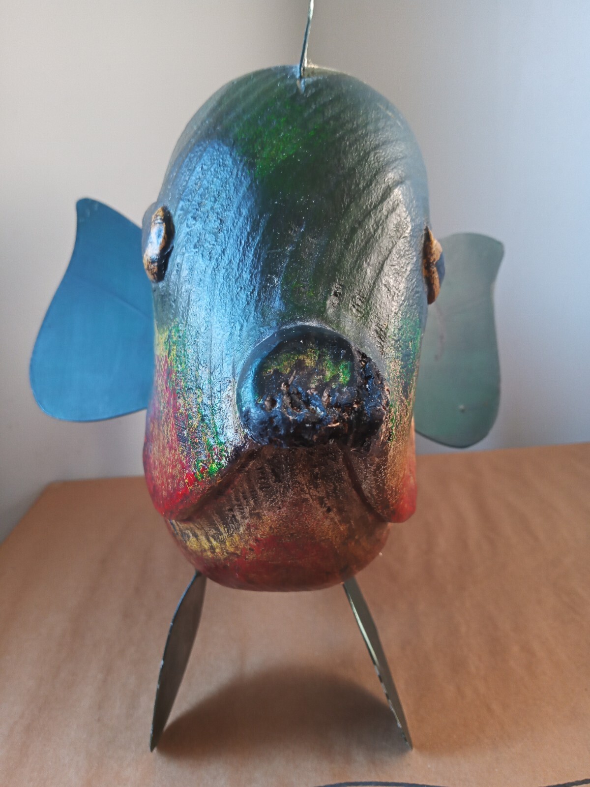 Vtg Carved Wooden Spearing Fish Sunfish Decoy P. Campbell Folk art 18"