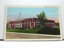 White Border Postcard High School Ironton Ohio Flag Entrance Trees Walkways  E11
