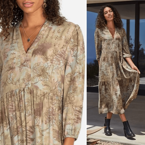 Johnny Was Calme Tiered Puff-Sleeved Midi Dress NWOT Size L