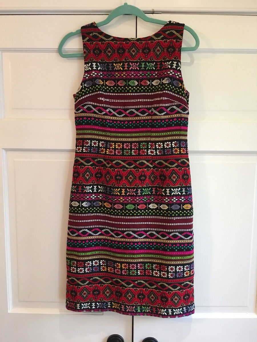 Chetta B Mexican Inspired Embroidered Midi Length Dress Red Multicolor Sz 4  EUC | eBay