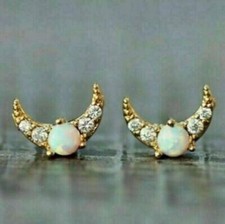 2Ct Round Cut Opal Women's Half Moon Ladies Stud Earrings 14K Yellow Gold Finish