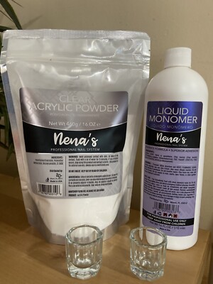 nena's  Acrylic Liquid ,SCULPTING Powder CLEAR , Glass Container 16 oz Kit