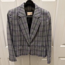 Pendleton Plaid Jacket Women Size 12 Virgin Wool USA Gray Tweed Blazer VTG