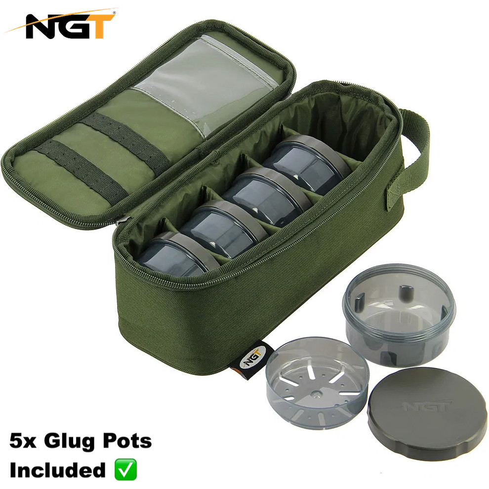 NGT Glug Pots Bag Case Carp Fishing Boilies Glugging Pop Ups Wafters + 5x Pots