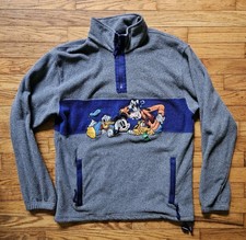 VTG Disney Men  s Gray Blue Mickey Donald Pluto Goofy Fleece 1/4 Zip Pullover S
