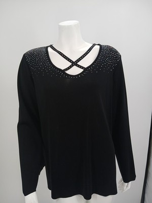 Misook Womens Black Rhinestone Crystal Top Size L Holiday Party Occasion 