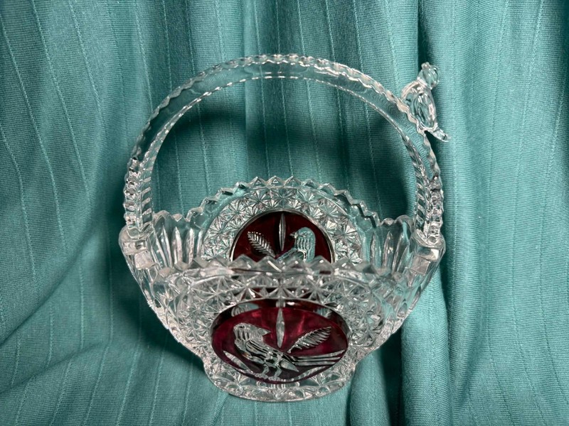 Hofbauer Byrdes Ruby Red Bird Crystal Handled Basket