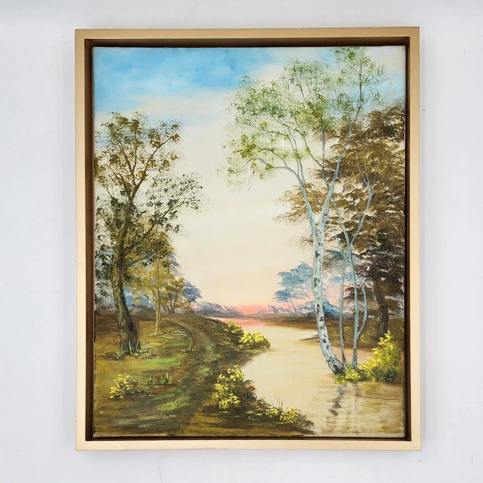 Original Signed Asher Landscape Oil Painting on Canvas Birch Trees River Sunset - Image 3 of 4