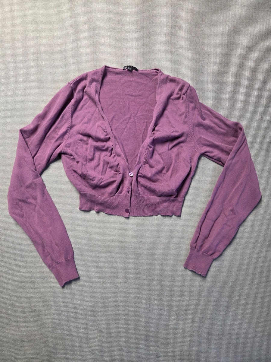 SISLEY Womens Purple Cardigan Cropped Ruched Long Sleeve Open