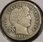 Silver Dime - Barber - 1914-D (Obv rim dings.  Reverse is darker / more toned.)