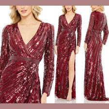 NWT $698 Mac Duggal [ 10 ] 5186 Sequined Long Sleeve V Neck Slit Gown Red #S1128