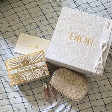 Christian Dior Makeup Gift Set Gold Cosmetic Bag Pouch with Pink Lip Gloss