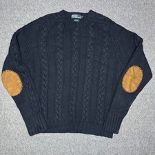 Polo Ralph Lauren Mens Navy Blue Wool Linen Cable Knit Sweater Elbow Patches L