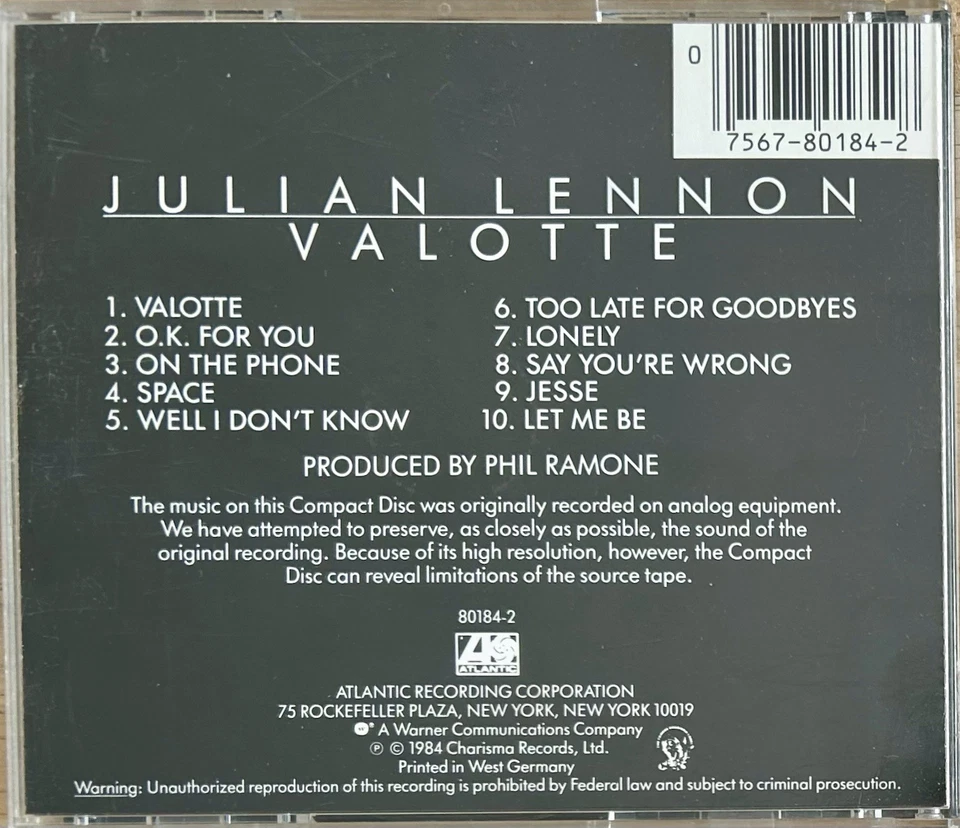 Julian Lennon – Valotte (CD, 1984) West German target pressing Foto 4 de 4