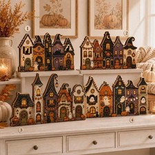 Halloween Wooden Block Village Houses Haunted Decor Fall Gift