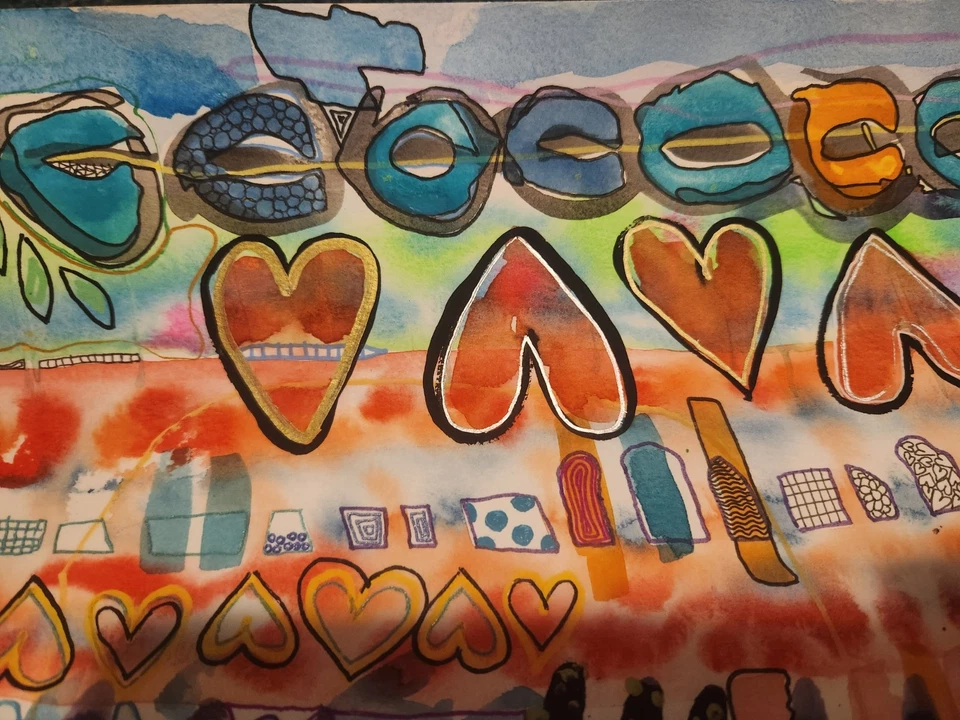 Pollo oculto - Acuarela abstracta original con detalles de acrílico y tinta Foto 2 de 4