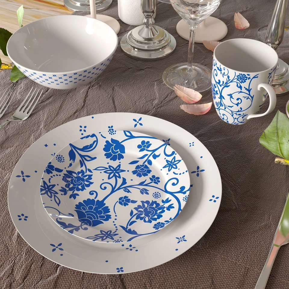 Juego de cena 16 piezas azul y blanco patrón floral ropa de cena Foto 4 de 4