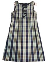 Talbots Tartan Plaid Dress Women's 12P Blue Green Ruffle Front Sleeveless Lined