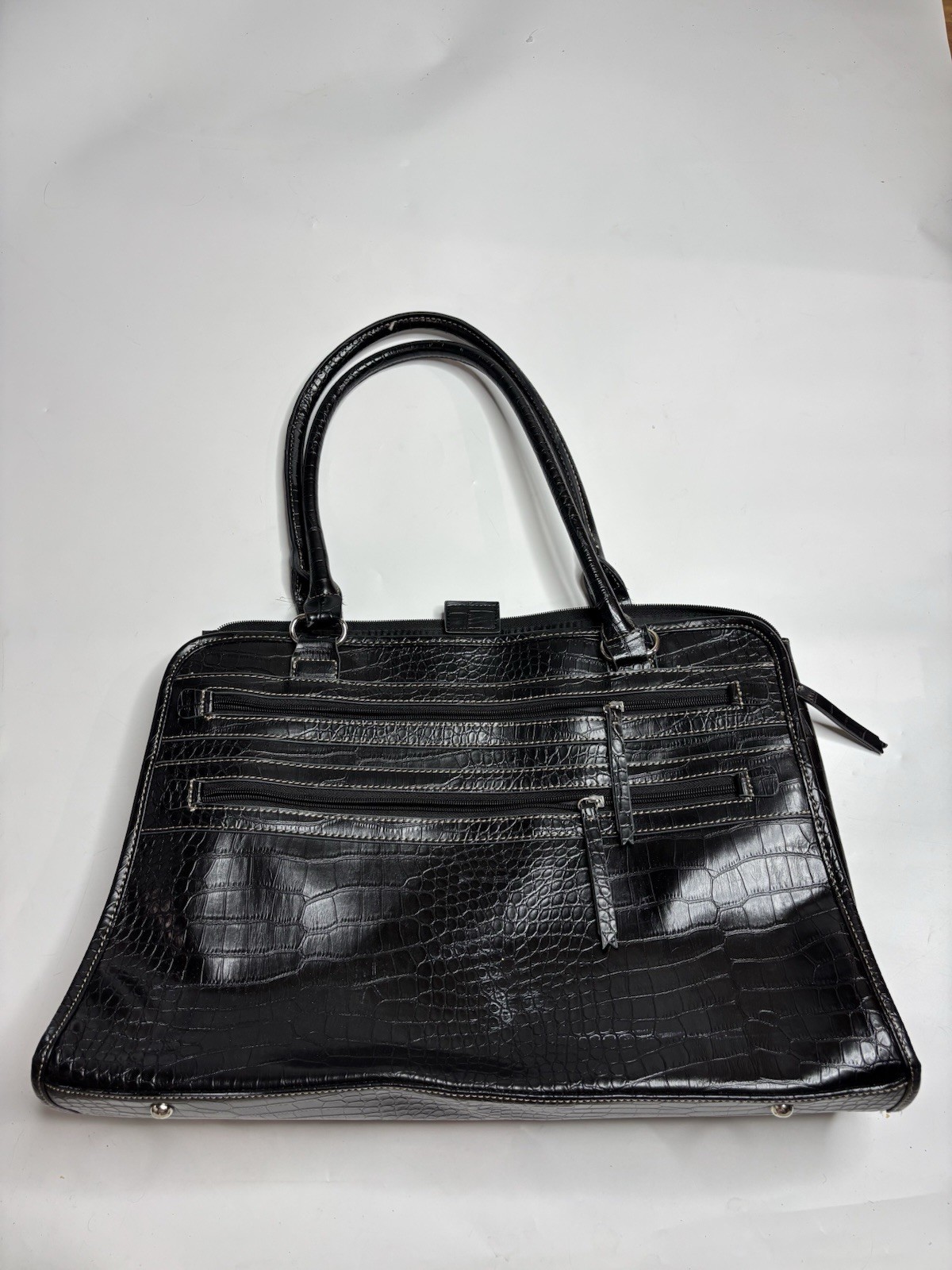 Y2K OFFICE SIREN TOTE BAG LAPTOP BAG PURSE BLACK FAUX LEATHER CROCODILE 2000s