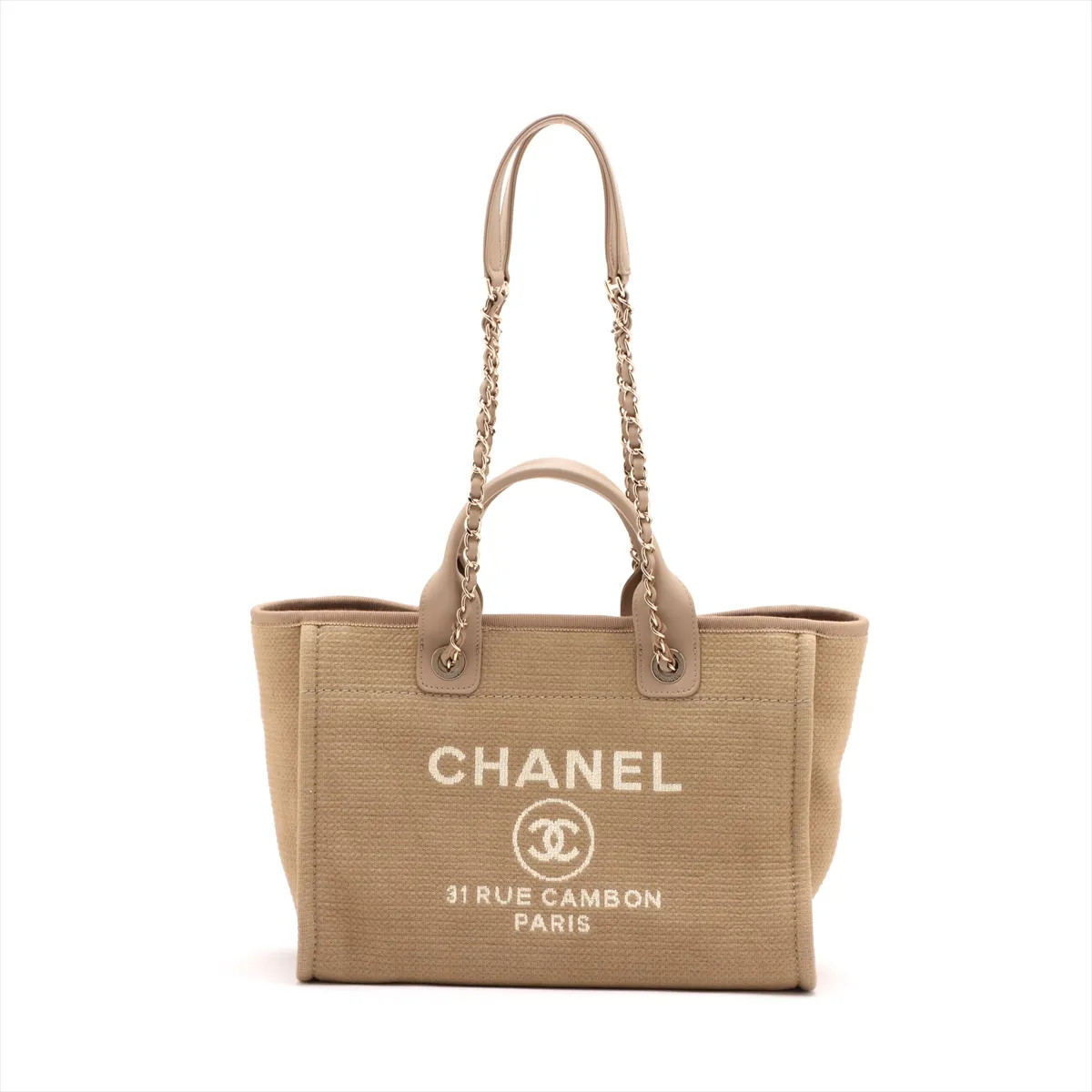 Chanel Deauville MM Canvas & Leather 2 Way Tote Bag Beige Gold Metal Fittings ra