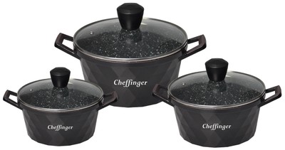 Kochtopf Kasserolle Topf Set 6-tlg schwarz Glasdeckel Cheffinger CF-DIAC03