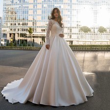 Boho Ball Gown Bride Gown Long Sleeves Lace Princess Corset Satin Wedding Dress