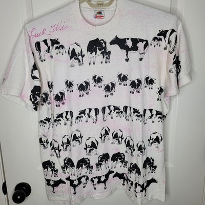 Vintage Fruit Of The Loom Cow Shirt Mens XL White Luck WI All Over Graphic Tee