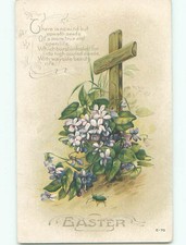 Pre-Linen easter religious RUSTIC WOODEN JESUS CROSS WITH FLOWERS J2177