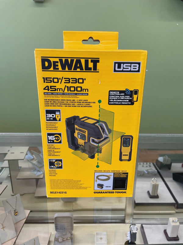 NEW! DeWALT DCLE14221G 150'/300' Rechargeable Green Crossline + 2 Spot Laser